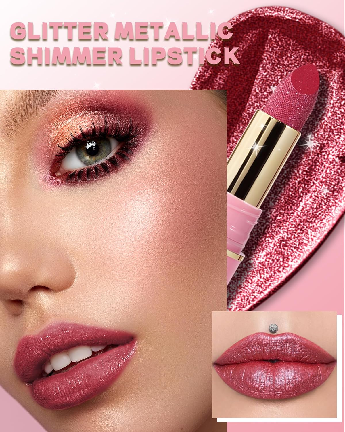 Glitter Metallic Rose Nude Shimmer Lipstick Long Lasting,Glitter Diamond Shine Red Lipstick Transfer Proof Non-Stick Lip Gloss Shimmer Highly Pigmented Full Coverage Lip Makeup for Women-05