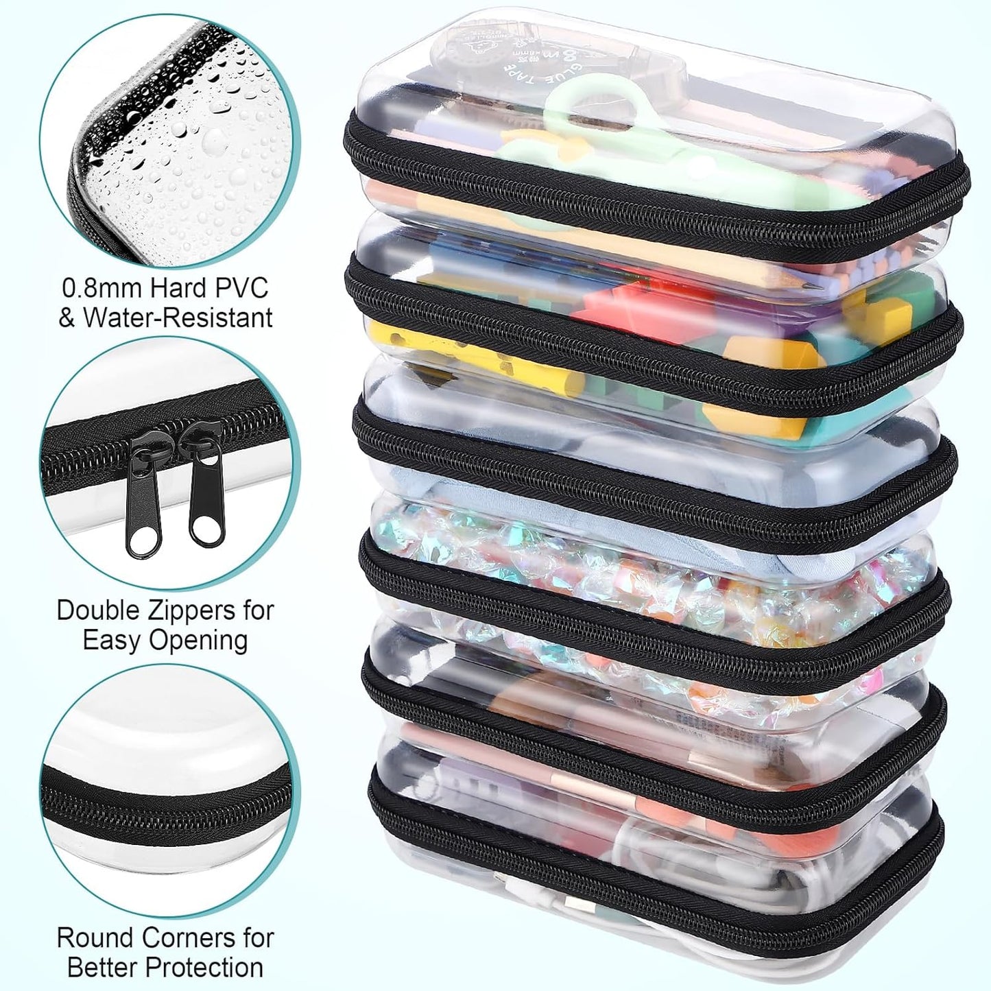 Sanwuta 6 Pcs Clear Hard Zipper Case Pencil Pouches Hard Plastic Zipper Pouches Makeup Bag Transparent Cases for Snacks Plastic Storage Organizer Box for Travel(Black,7.48 x 3.94 x 2 Inch)