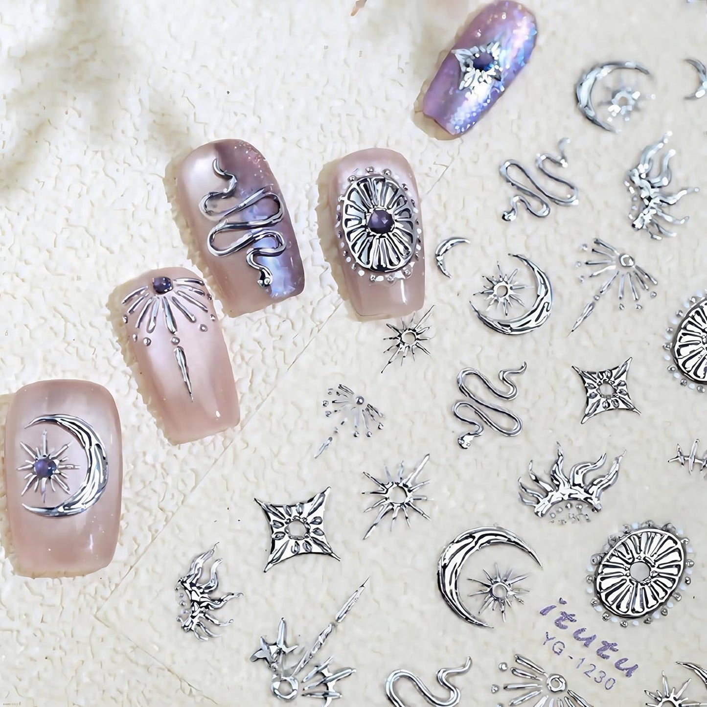 2 Sheets 5D Gold Star Nail Stickers for Nail Art Gold Silver Snake Nail Decals 5D Self-Adhesive Embossed Bronzing Stars Moon Nail Supplies Flame Retro Exquisite Nails Design for Women DIY Nail Decor