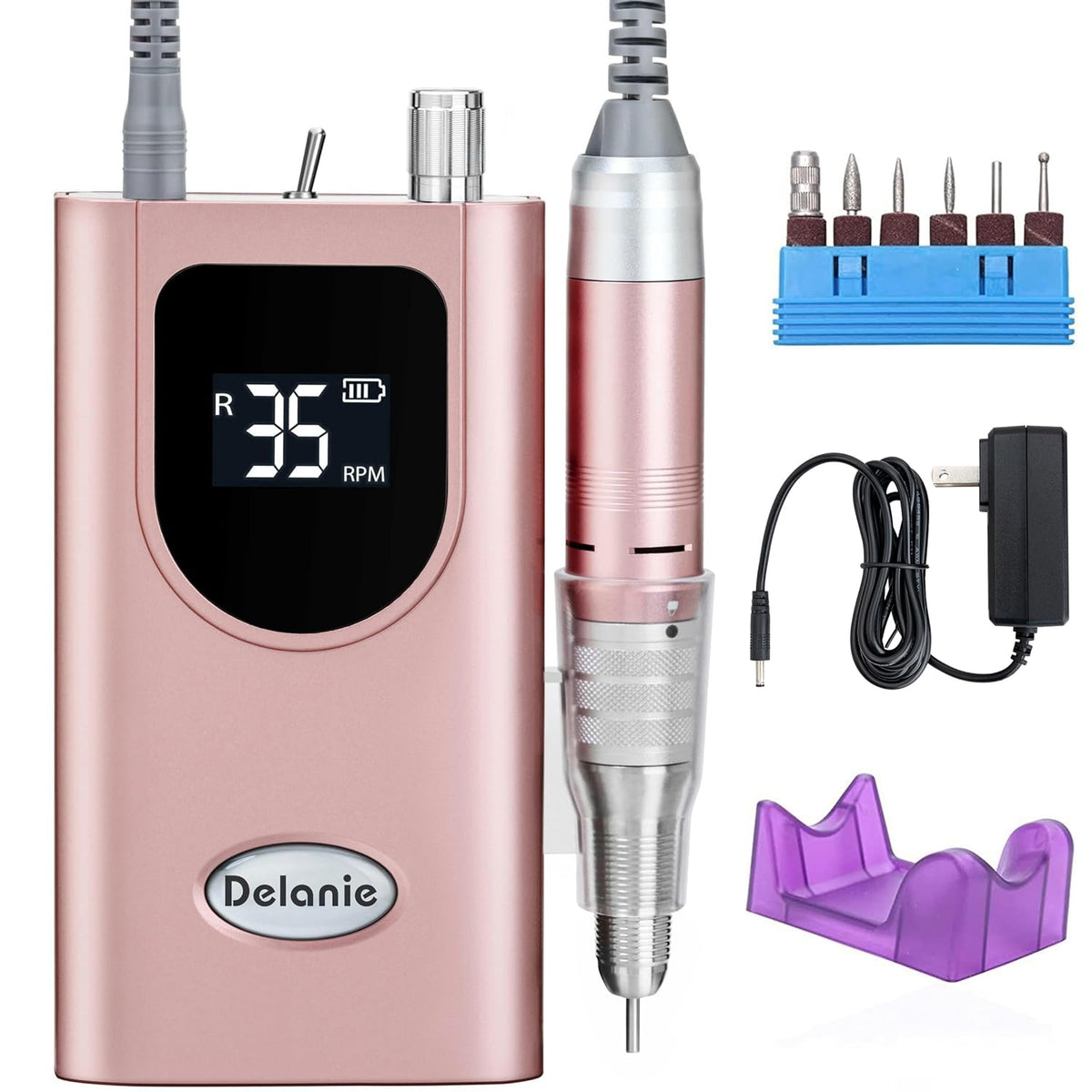 Delanie Professional Nail Drill High Torque 35000 RPM Rechargeable Portable Electric Nail File Filer for Acrylic Gel with Cuticle Bits, Salon Manicure Tool, Rose Gold