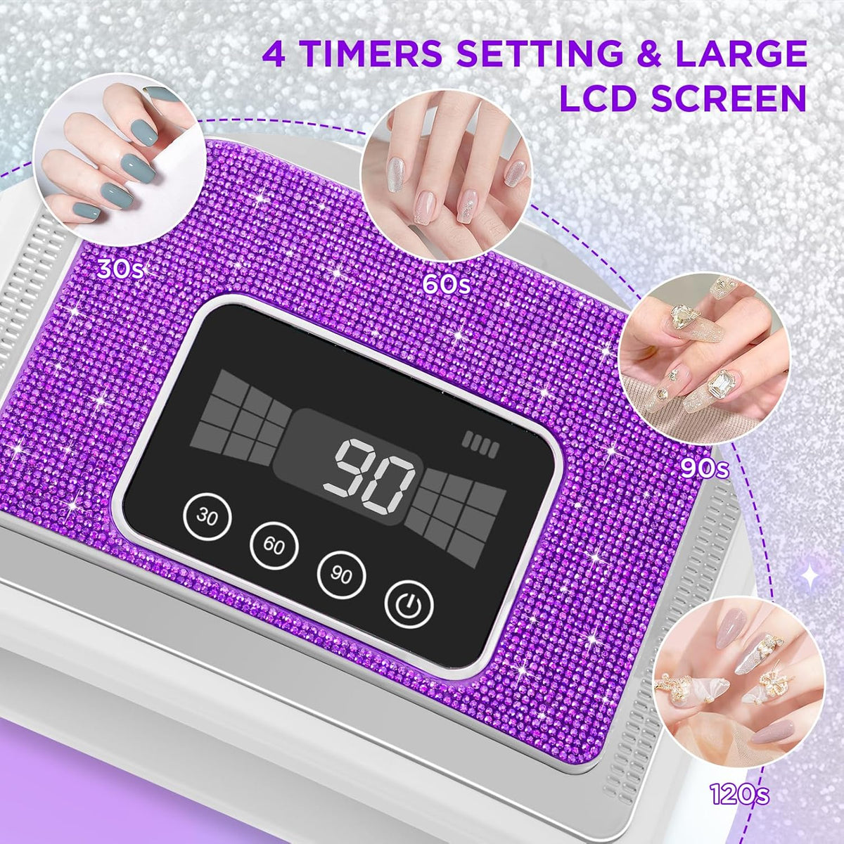 Cordless Nail Lamp, Rechargeable UV Nail Lamp for Gel Nails, LED Nail Lamp with 4 Timer Modes, Gel Nail Light Decorate with Sparkling Nail Rhinestones Diamond (Sparkly Purple Diamond)