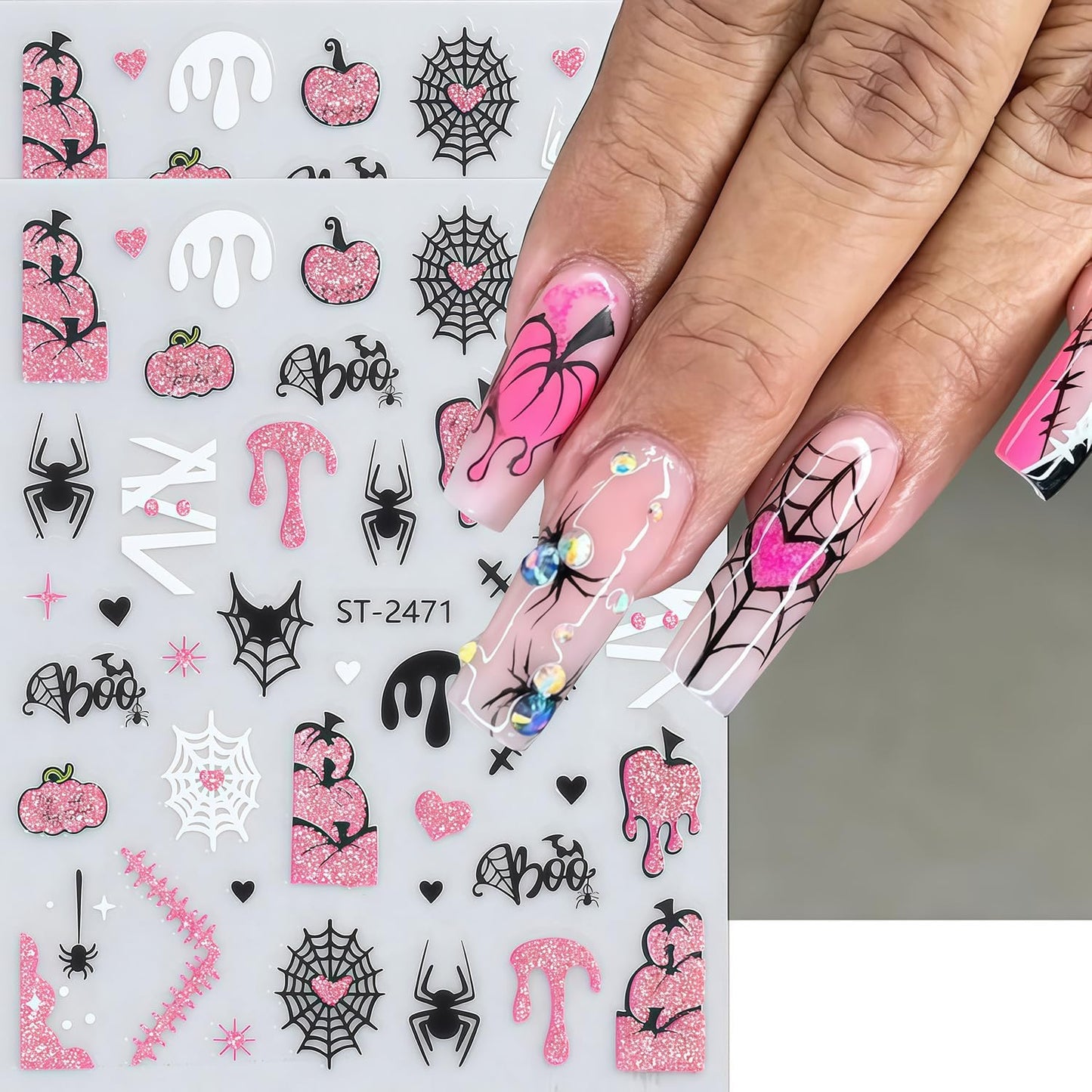 6 Sheets Halloween Nail Stickers for Nail Art 3D Self-Adhesive Pink Glitter and Black Spider Web Spider Pumpkin Bat Pattern Nail Art Stickers Holiday DIY Manicure Tips Nails Accessories for Women