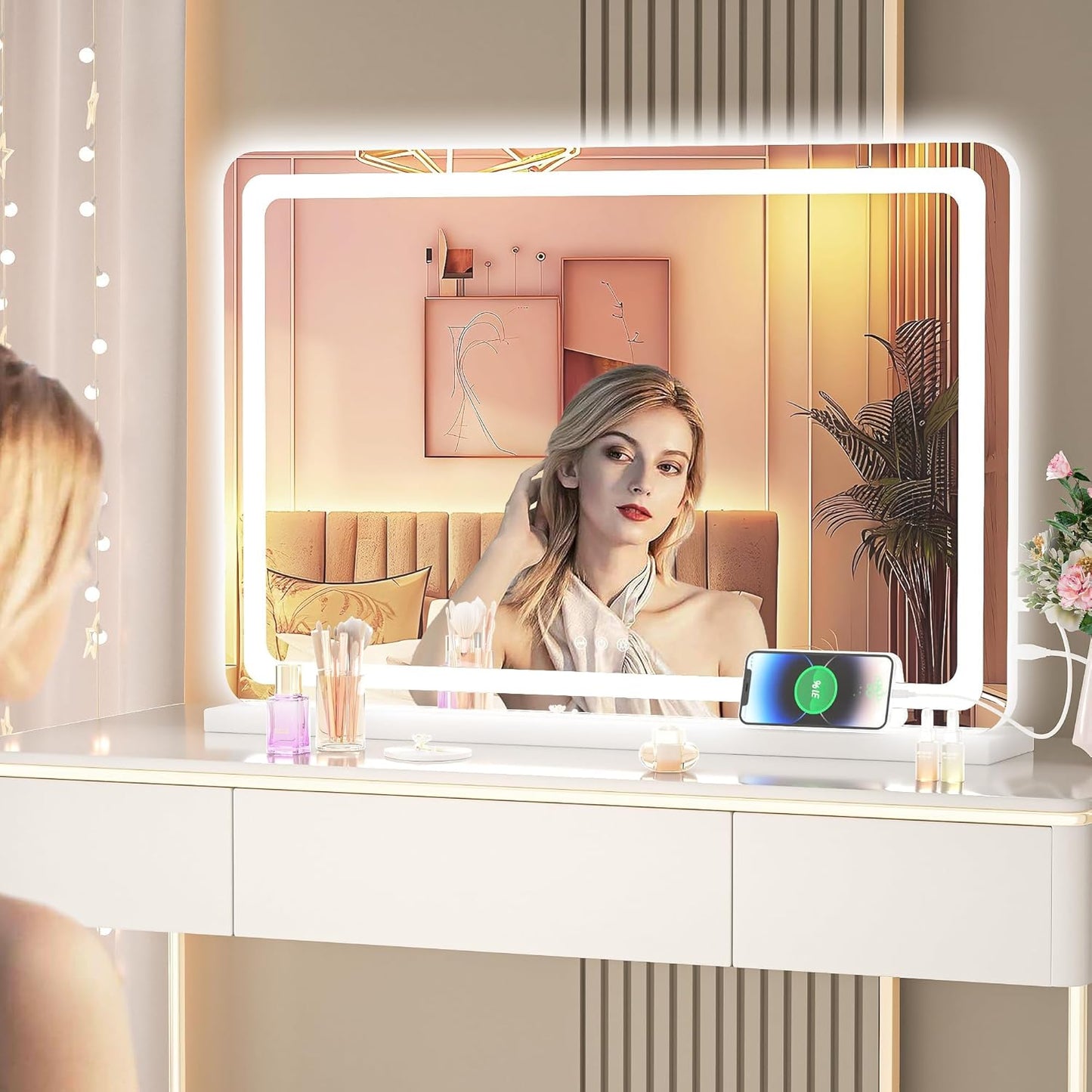 Hasipu Vanity Mirror with Lights, 31.5" x 20" LED Makeup Mirror, Lighted Makeup Mirror with Dimmable 3 Modes, Touch Screen Control Vanity Mirror Round White