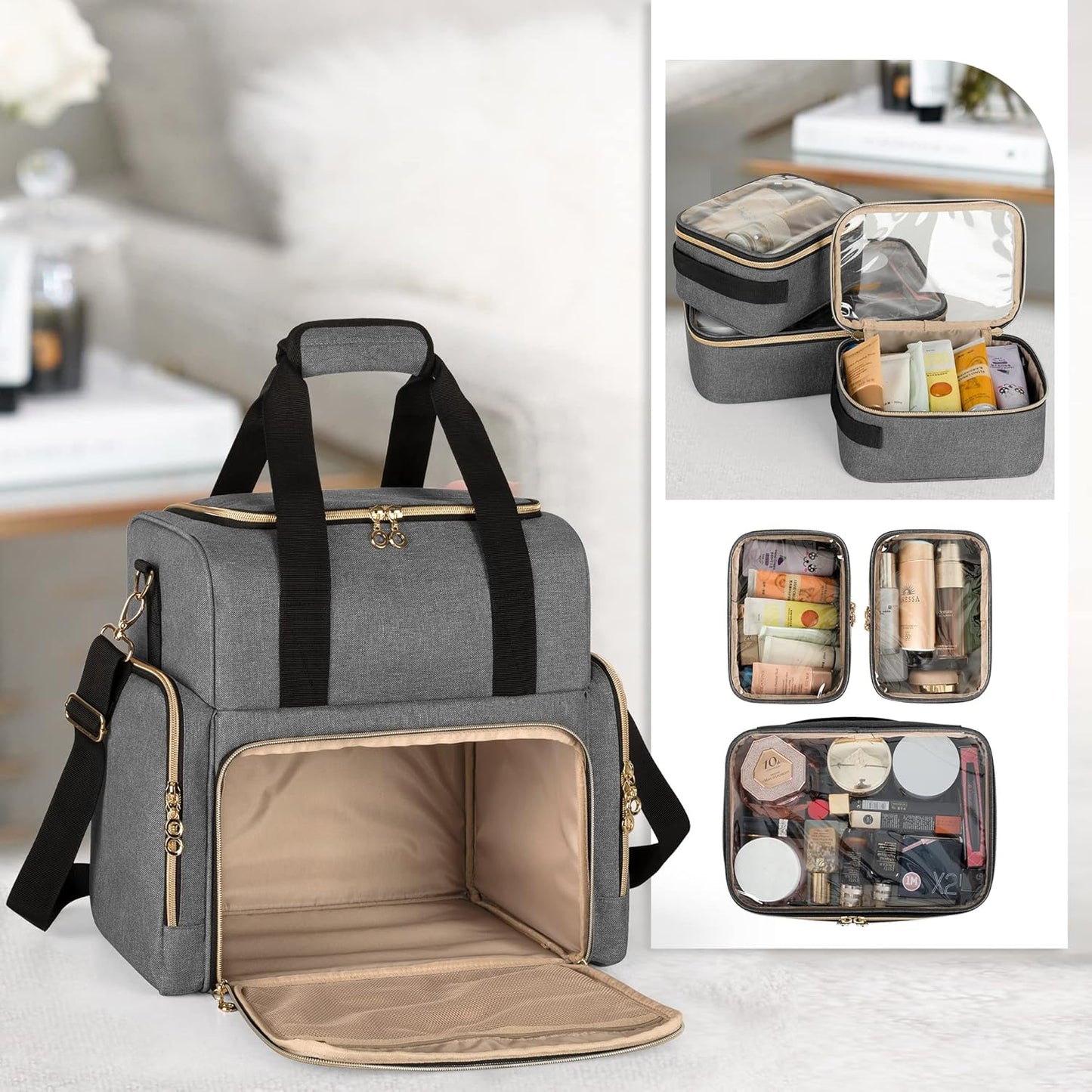 LUXJA Large Travel Makeup Bag with 3 Removable Cases, Cosmetic Bag with Detachable Dividers (Patent Pending), Gray
