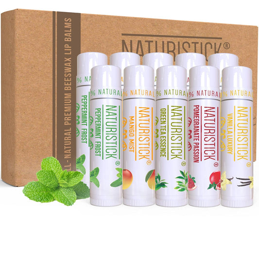 Naturistick Premium Beeswax Lip Balm for Dry, Chapped Lips | 100% Natural Lip Care | Coconut Oil, Shea Butter, Aloe Vera | Moisturizing, Chemical-Free Chapstick | 10 Pack Assorted Scents | Made in USA