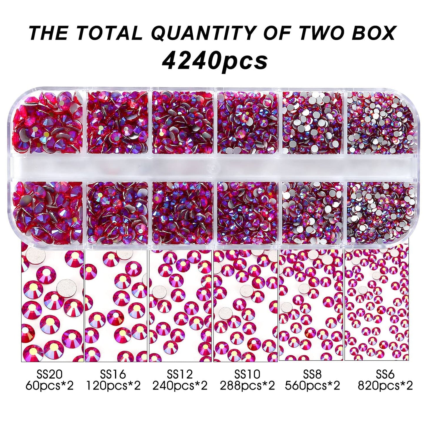 4240Pcs lt.siam AB Flatback Rhinestones 6 Sizes Crystal Diamonds for Nail Art Crafts Clothes Shoes with Tweezers and Picking Pen