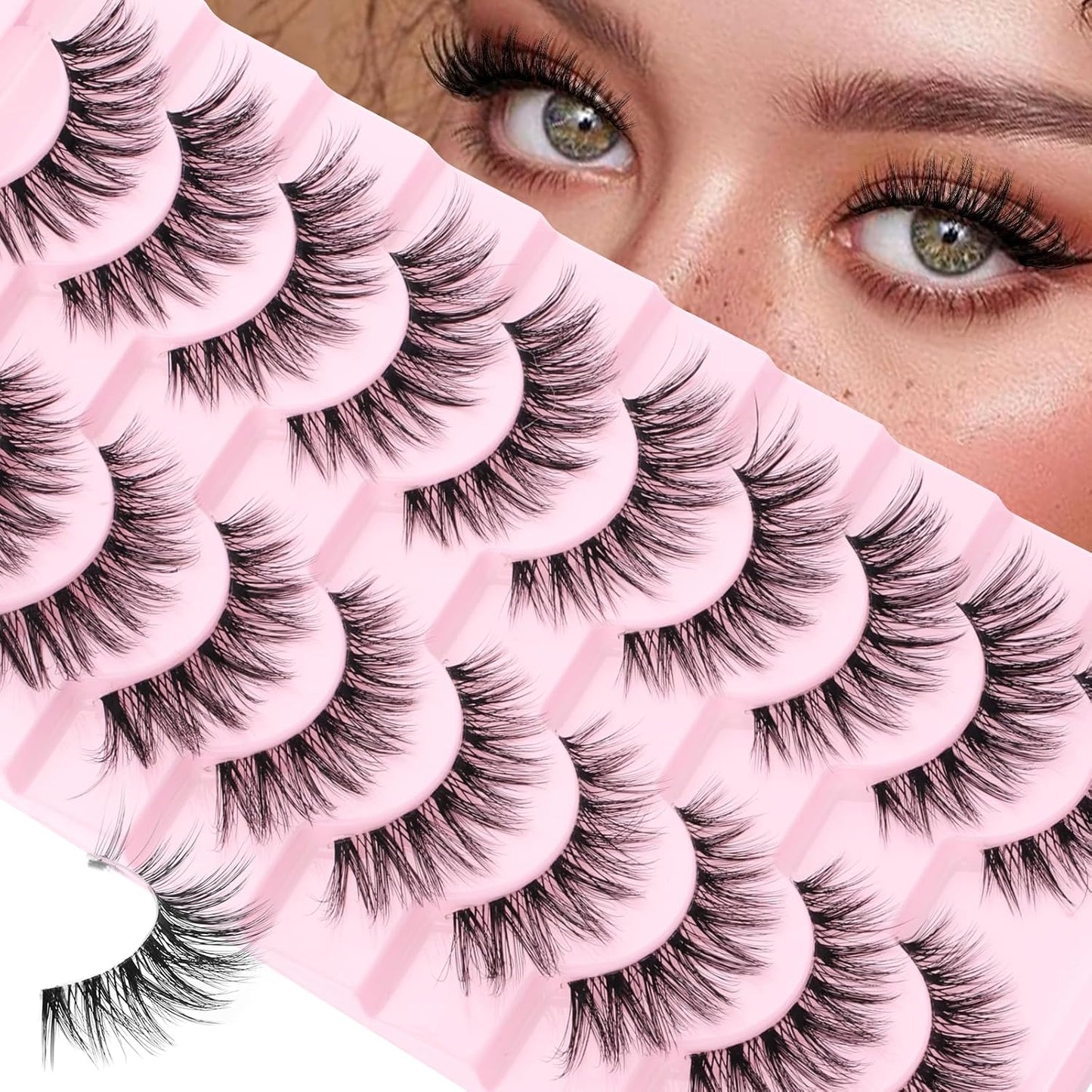 FADLASH False Eyelashes Natural Look Cat Eye Lashes with Thin Band Wear Comfortable Black Fake Lashes, Pack 10 Pairs, LZ209