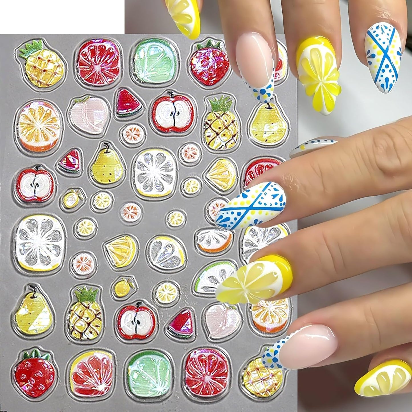2Pcs Summer Fruit Lemon Nail Stickers for Nail Art Embossed 5D Self-Adhesive Pineapple Cherry Nail Decals Grapes Nail Art Stickers Apple Nails Sticker Strawberry Nail Design for Women DIY Nails Decor