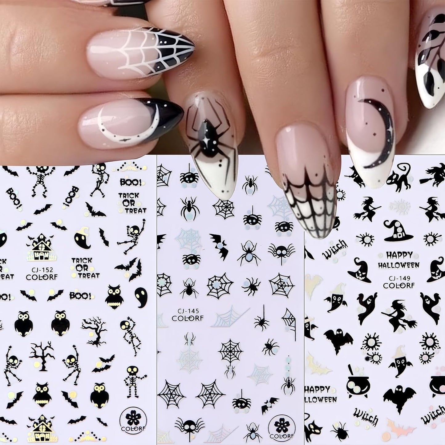 6 Sheets Halloween Nail Art Stickers 3D Horror Gothic Ghost Face Skull Pumpkin Bat Spider Witch Halloween Nail Decals Cute Cat Nail Art Design Accessories for Women Girl DIY Nail Decorations