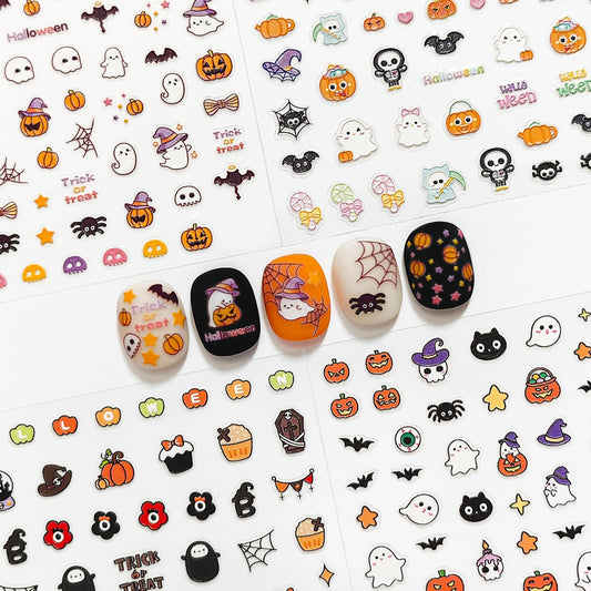 4 Sheets of 3D Halloween Nail Stickers - 316 Cute Nail Decals - Embossed Kawaii Nail Stickers for Kids | Cute Halloween Theme - Ghosts, Pumpkins, Bats, Spiders, Cats, Candy | Glow in The Dark