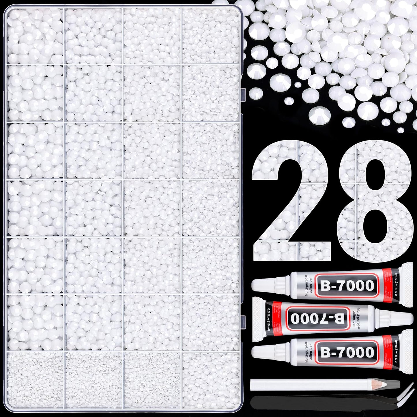 30000Pcs Resin Rhinestones for Bedazzling with 3Pcs B7000 Jewelry Glue, White Flatback Gems Rhinestones for Crafting, Clothing Tumblers Mugs Shoes Fabric Decor Nail Art