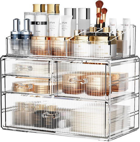 ZHIAI Stackable Storage Drawer, Acrylic Organizer, Cosmetic Organizer for Dresser, Vanity, Kitchen Cabinet, Bathroom, Under Sink, Home Organization and Storage (1 Top 3 Drawers)