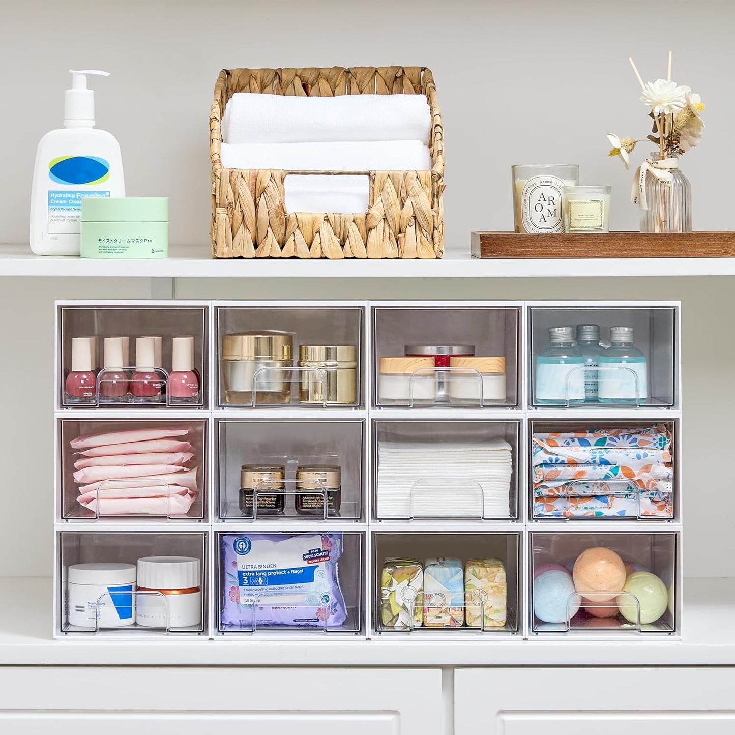 Clear Stackable Vanity Storage Drawers — 4 Piece Organizer Set