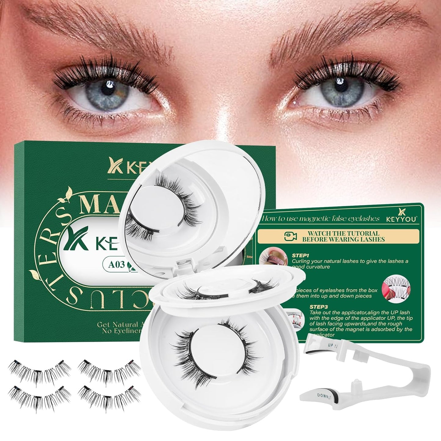 KEYYOU Reusable Magnetic Eyelashes 2 Pair with Applicator No Glue Needed 3D Natural Magnetic Lashes, Easy to Apply & Long Lasting for Daily Use & Events(A03+A03)