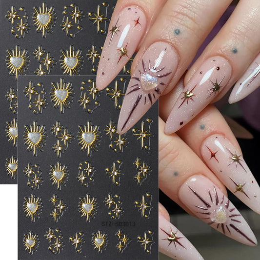 5D Star Nail Art Stickers Gold Nail Decals Rhinestone Design 2PCS Embossed Self-Adhesive Heart Star Moon Nail Supplies DIY Slider Manicures Accessories Stars Nail Art Stickers for Women Decorations