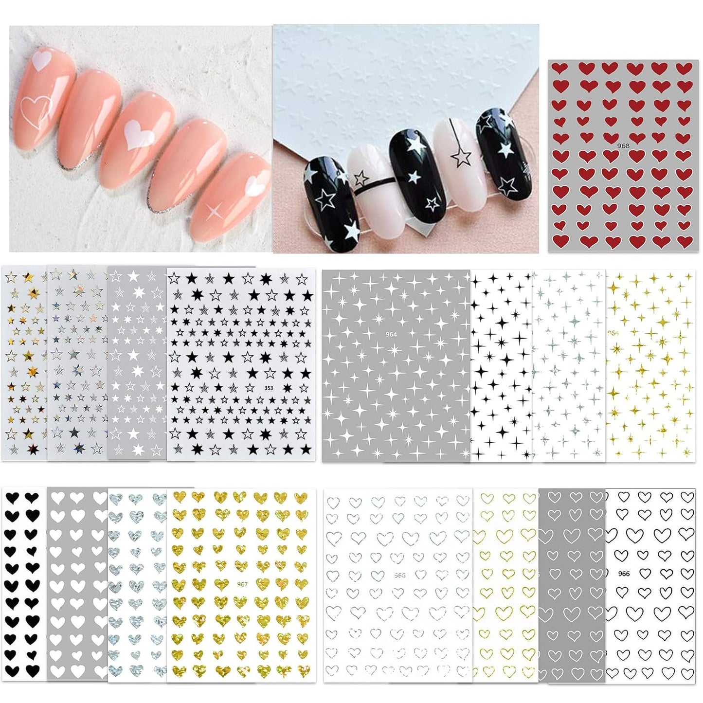 17 Large Sheets Nail Stickers Hearts Stars for Women Girls Kids - Self Adhesive Stars Hearts Nail Decals for Natural Fingernails and Acrylic Nails Nail Decor for Nail Art Design DIY Nail Decoration