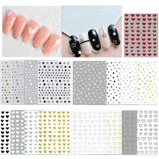 17 Large Sheets Nail Stickers Hearts Stars for Women Girls Kids - Self Adhesive Stars Hearts Nail Decals for Natural Fingernails and Acrylic Nails Nail Decor for Nail Art Design DIY Nail Decoration