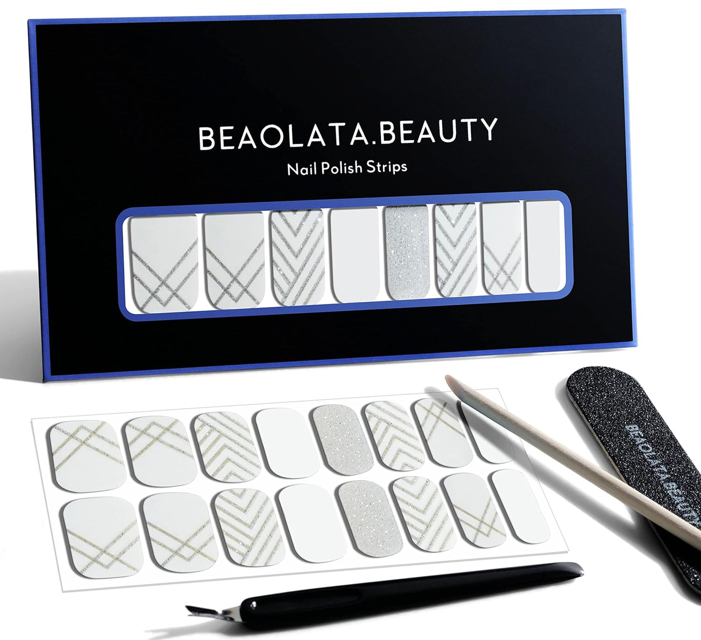Nail Polish Strips, 32PCS Salon Quality Wraps, Long Lasting Gel Nail Stickers for Women Easy Apply& Remove (Silver&line)