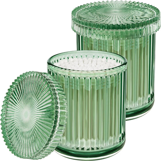 2 Pack Qtip Holders for Bathroom, Clear Glass Apothecary Jars with Lids,Vintage Bathroom Canisters for Cotton Balls,Swabs,Floss Picks,Hair Ties,Vanity Organizer and Storage Decor (Green)