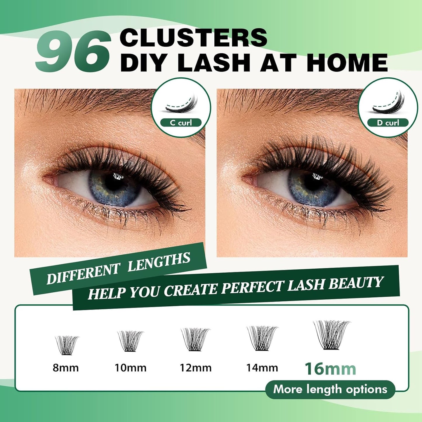 Lash Clusters 96pcs Individual Lashes D Curl 10mm Cluster Lashes KEYYOU Volume Wispy Lash Extension Soft&Comfortable Easy DIY at Home(Y11 D-10mm)
