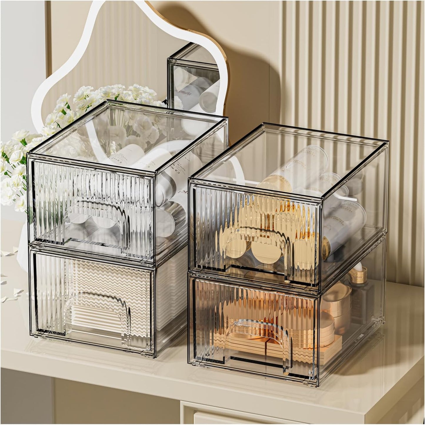 Clear Stackable Acrylic Storage Drawers Set – 4 Pack Modular Organizer for Vanity, Bathroom & Cabinets