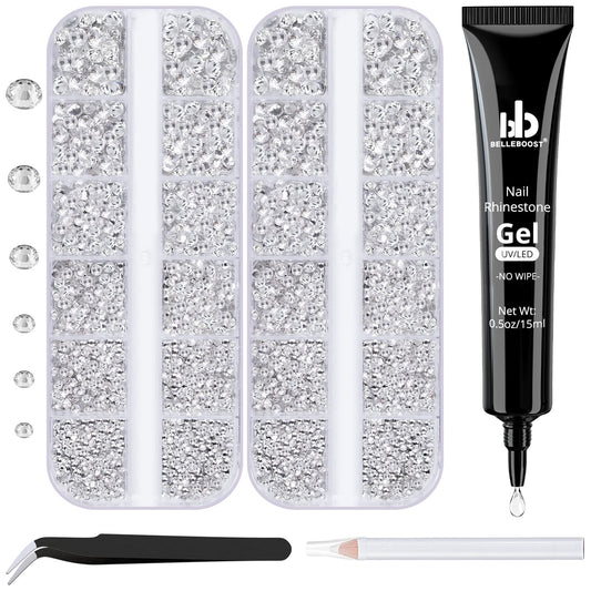 Nail Art Rhinestone Glue Gel&2 Boxes Flatback Gems Kit, 1 Tube of 15ml Rhinestone Gel Glue(UV/LED Needed)+Round Glass Crystal Clear Gemstones with Pickup Tools
