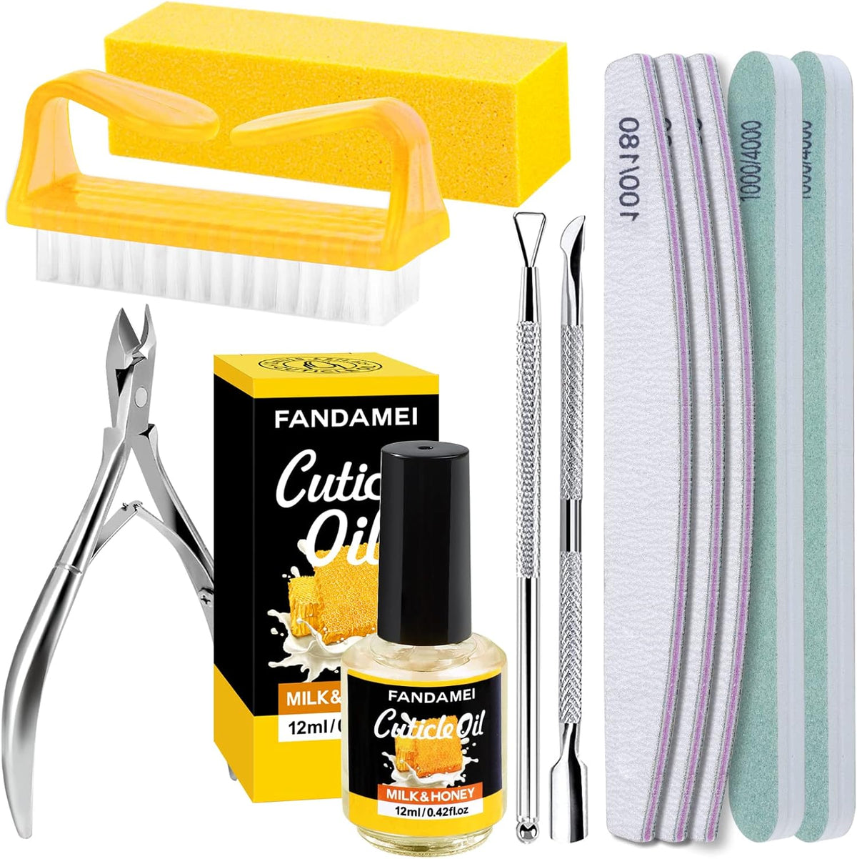 FANDAMEI Nail Buffer and File, Nail Care Kit with 3PCS Nail Files, 2PCS Nail Buffers, Rectangular Nail Buffer Block, Cuticle Nipper, Cuticle Pusher, Peeler. Cuticle Oil Milk and Honky Nail Manicure