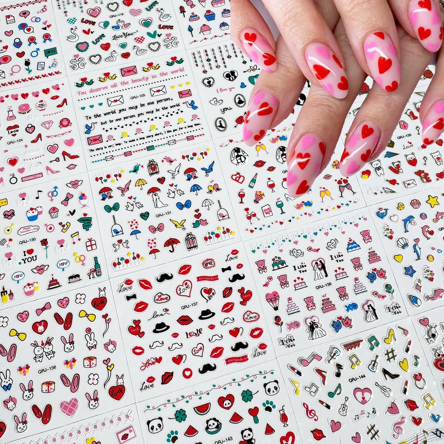 30 Sheets Heart Valentine Nail Art Stickers Decals 3D Self-Adhesive Pegatinas Uñas Red Heart Nail Decals Red Lips Rose Nail Supplies for DIY Acrylic Nail Art Decoration for Women and Girls