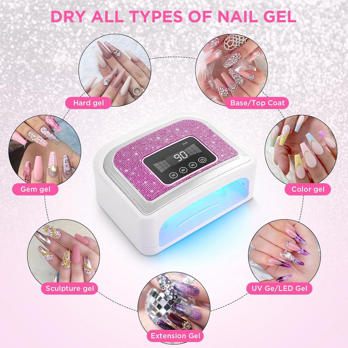 Cordless Nail Lamp, Rechargeable UV Nail Lamp for Gel Nails, LED Nail Lamp with 4 Timer Modes, Gel Nail Light Decorate with Sparkling Nail Rhinestones Diamond (Sparkly Rose Red Diamond)