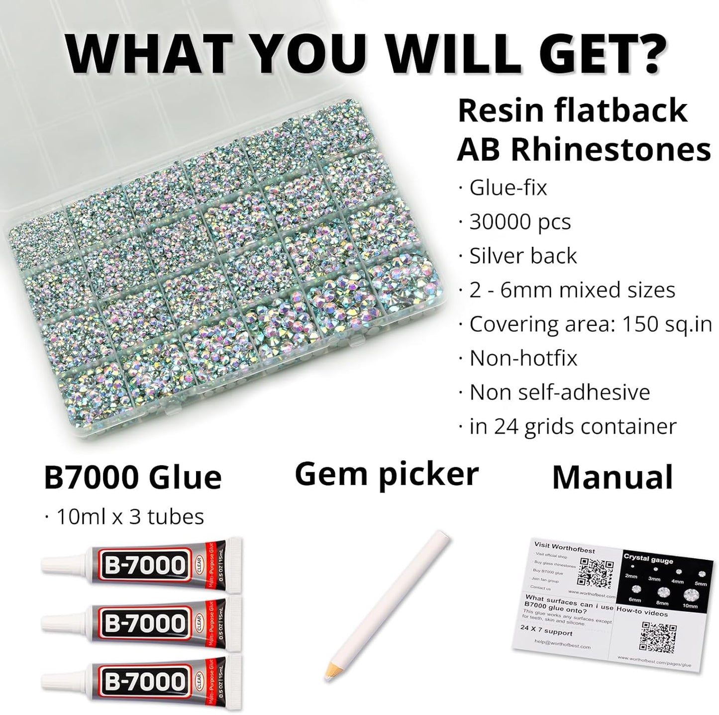 30000Pcs Resin Rhinestones Set for Crafting Bedazzling, Crystal ab Iridescent Flatback Gems Jewels for Crafts Clothes Shoes Fabric Outfit Nails Makeup, Flat Back Crystal 2-6mm with b 7000 Glue