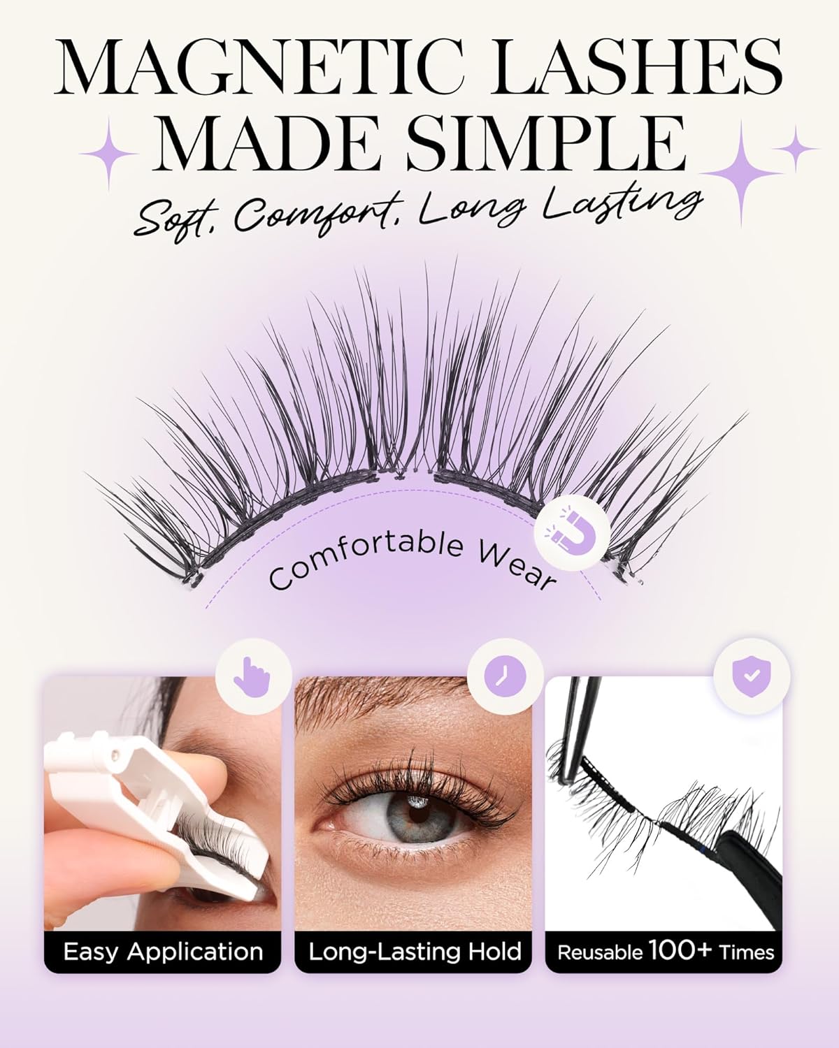 BEYELIAN Magnetic Eyelashes Natural Look Soft Magnetic Lashes with Applicator Reusable No Glue Needed False Eyelashes Easy to Wear and Remove (1 Pair,SME01)