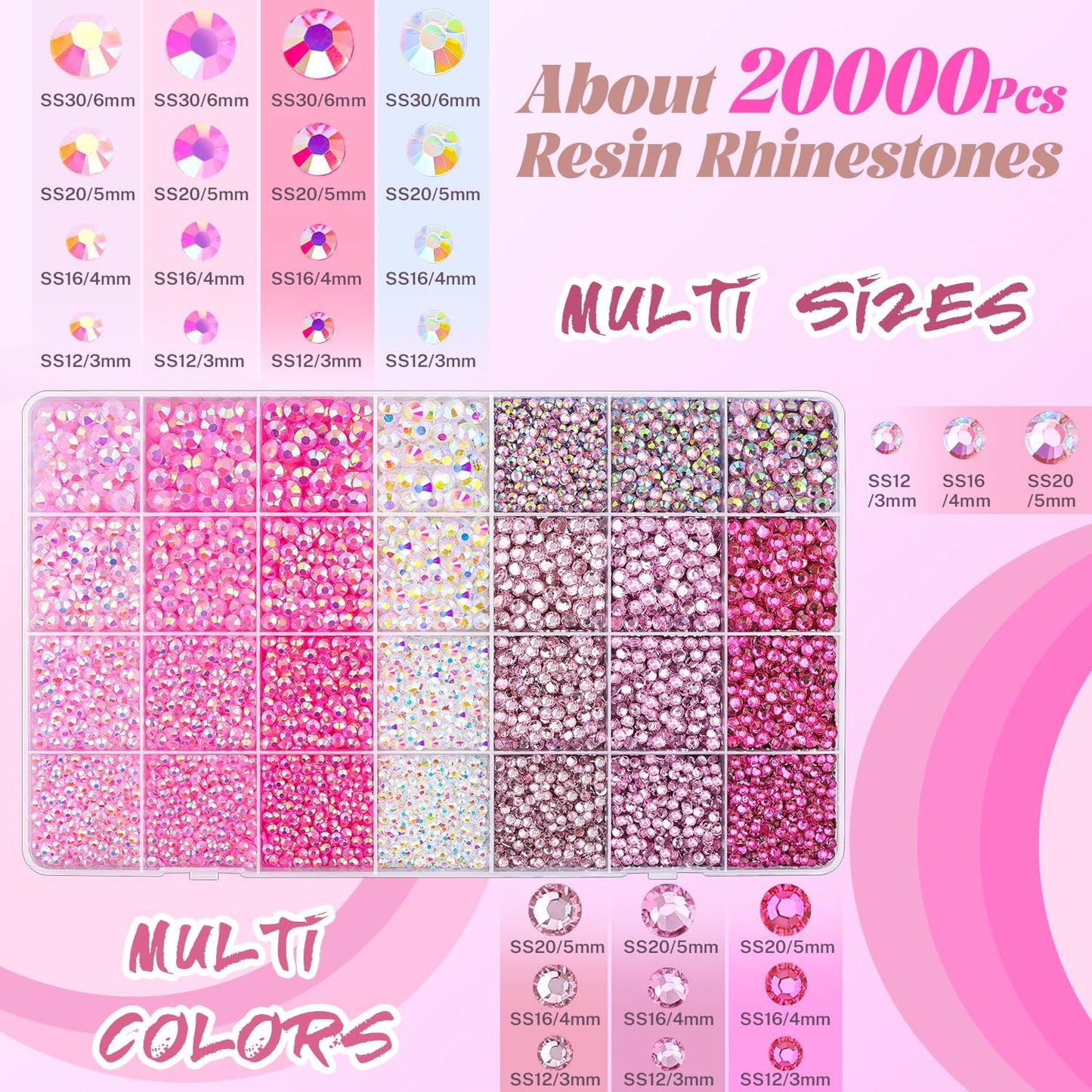 20000Pcs Pink Rhinestones for Bedazzling with 1Pcs B7000 Jewelry Glue, Resin Rhinestones for Crafting Crafts DIY, Bedazzler Kit Gems for Clothing Shoes Tumblers Nail Art Assorted Size 3/4/5/6mm