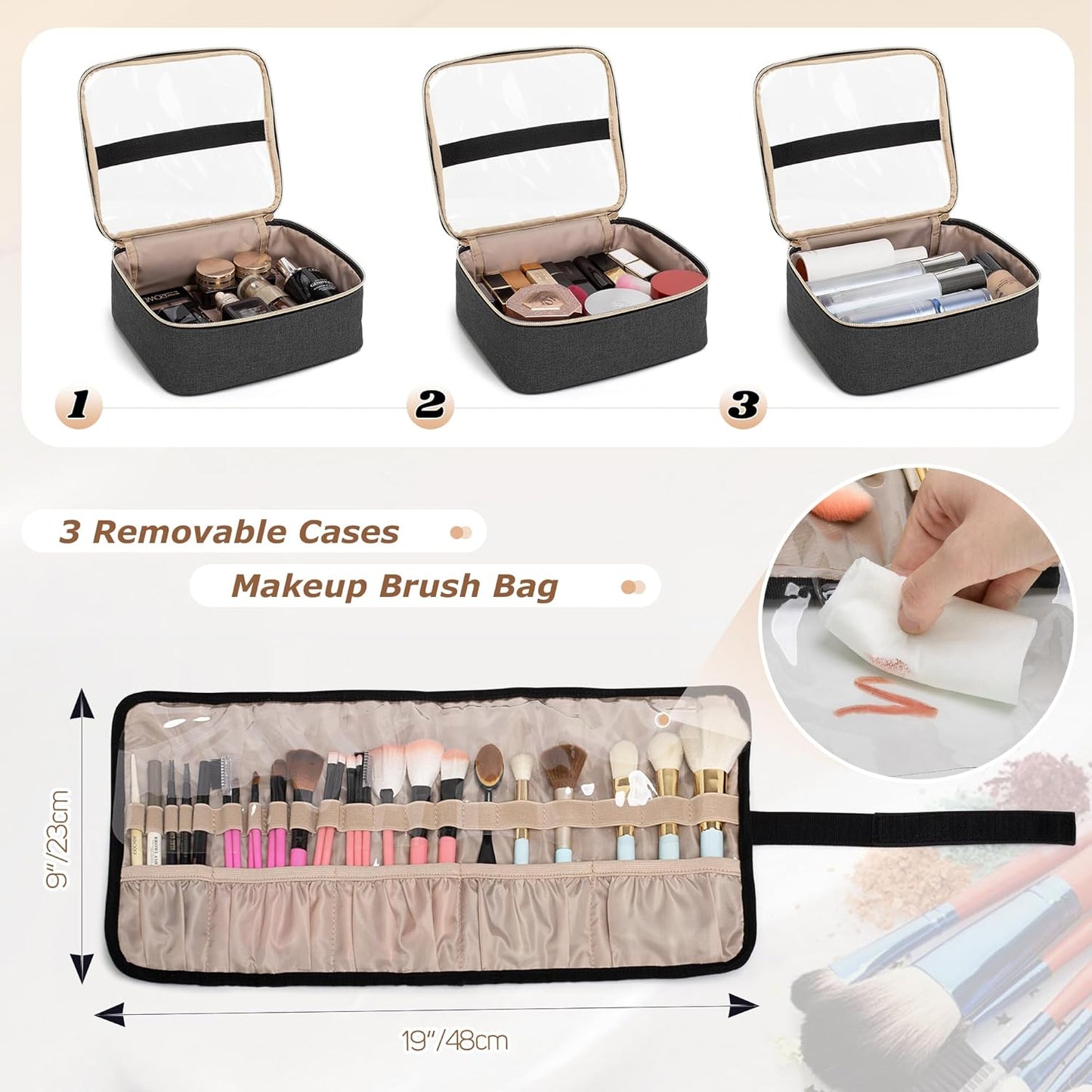 LUXJA Rolling Makeup Case with 3 Removable Pouches and 1 Makeup Brush Bag, Large Makeup Bag Cosmetic Bag with Detachable Dolly (Patented), Black