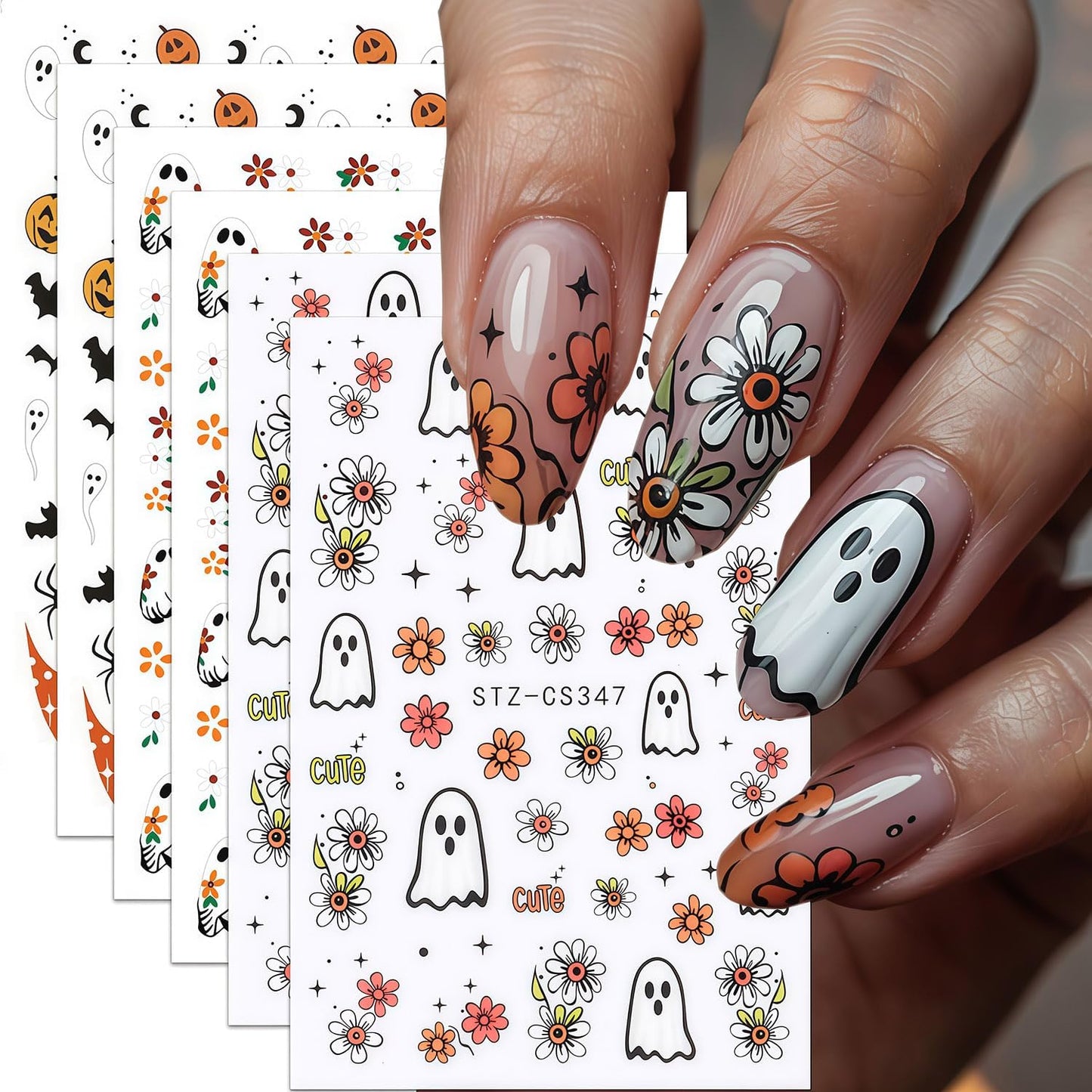 6 Sheets Ghost Nail Stickers for Nail Art, Halloween Nail Decals 3D Self-Adhesive Flower and Spooky Ghost Fall Stickers Design French Tip Nails Sticker Halloween DIY Manicure Decoration for Women