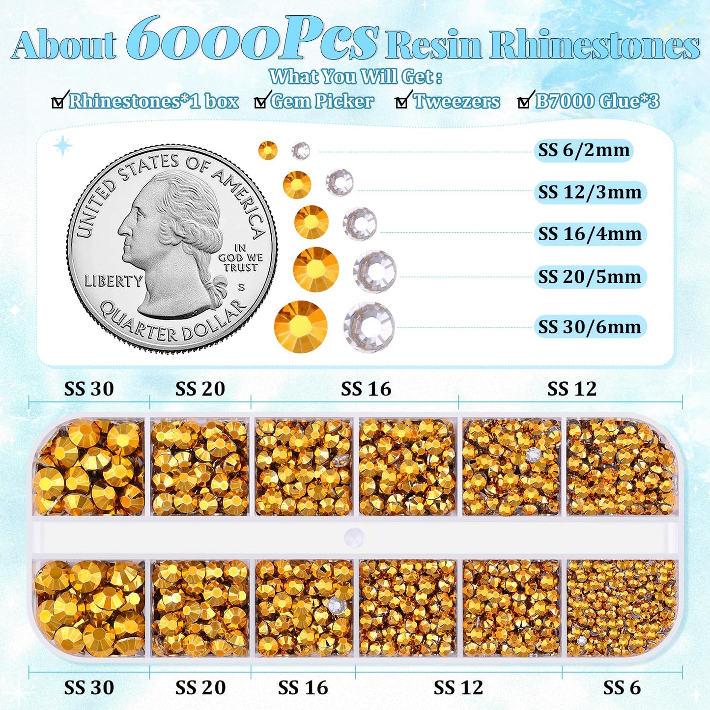 6000Pcs Resin Rhinestones for Bedazzling with 3Pcs B7000 Jewelry Glue, 1 Box Mine Gold Flatback Rhinestones for Crafting Crafts DIY, Crystals Gems for Clothing Shoes Tumblers Nail Art Makeup