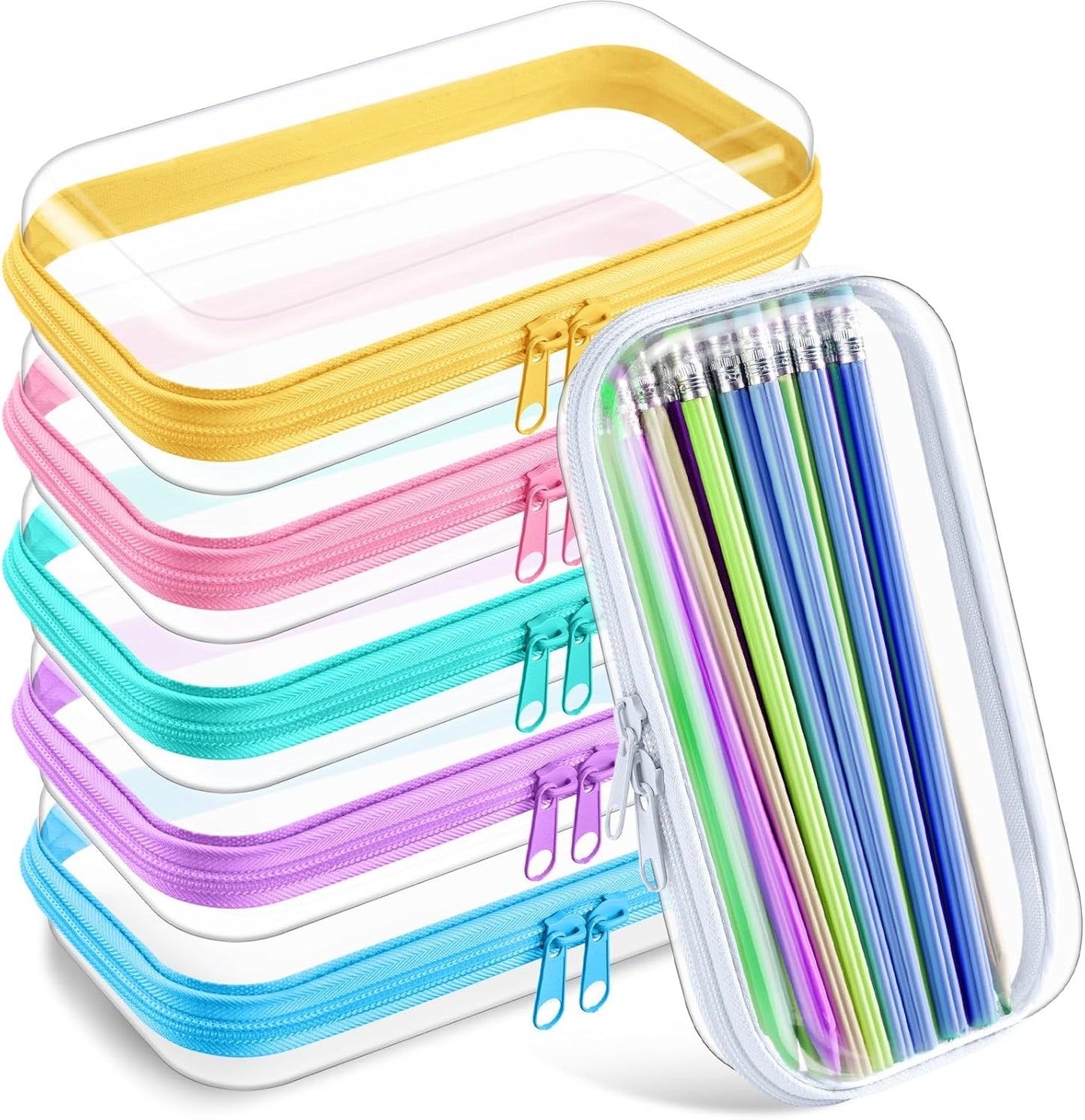 Sanwuta 6 Pcs Clear Hard Zipper Case Pencil Pouches Hard Plastic Zipper Pouches Makeup Bag Transparent Cases for Snacks Plastic Storage Organizer Box for Travel(Colorful,7.48 x 3.94 x 2 Inch)