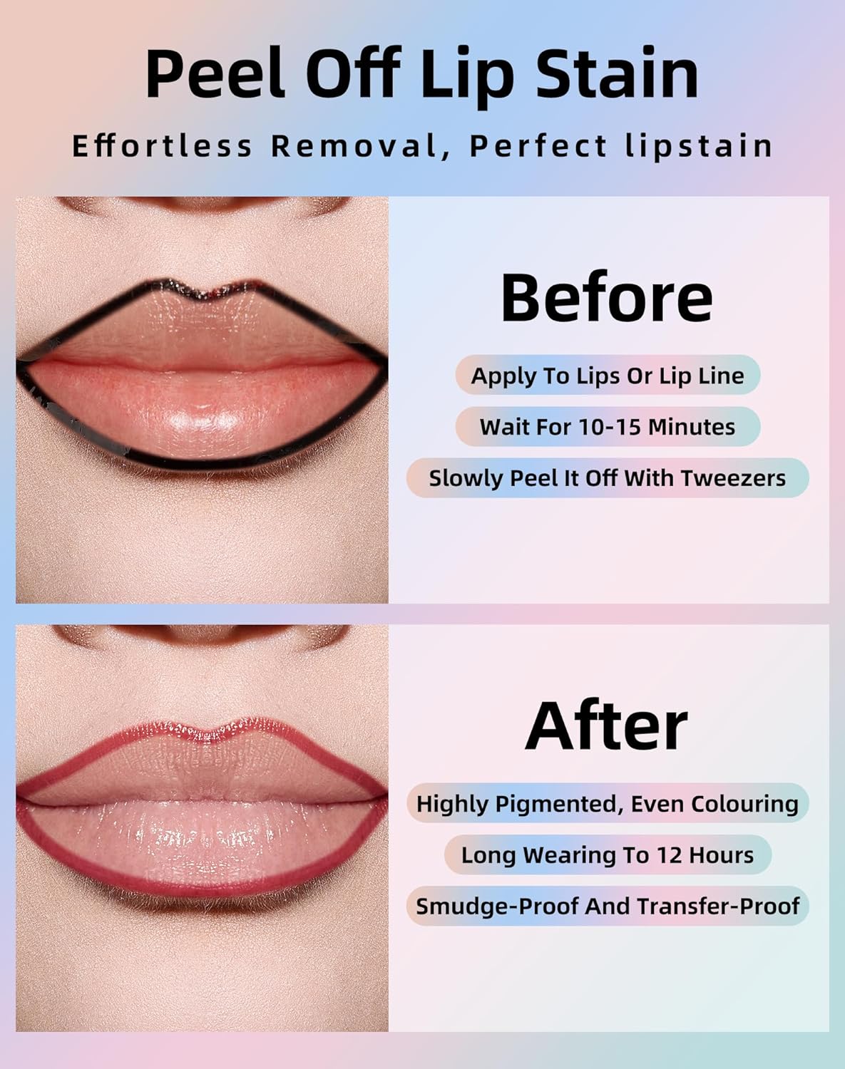 KIMUSE Lip Stain Peel Off, Peel Off Lip Liner Stain with Tweezer, Long Lasting, Waterproof, Transfer Proof Lipstains Color, Smudge-Free, Easy Removal, Matte Finish