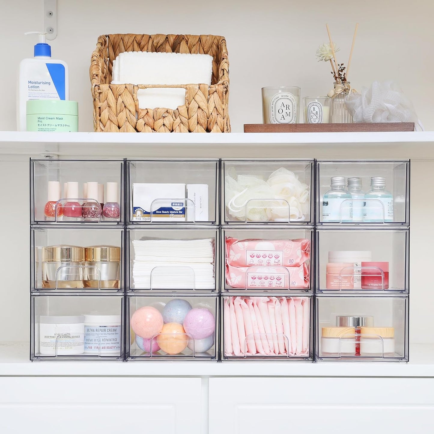 Clear Stackable Acrylic Storage Drawers (2-Pack, 4.4″ Tall) – Pull-Out Organizers for Vanity, Bathroom & Cabinets