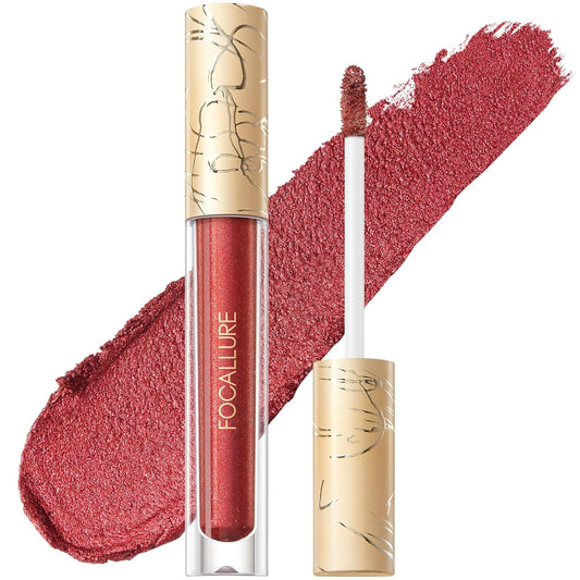 FOCALLURE Metallic Liquid Lipstick,Non Stick Cup Lip Gloss,High Impact Lip Color with Transfer-proof Wear,Long Lasting & Waterproof Lipstick Makeup for Women,RD02 Painkiller