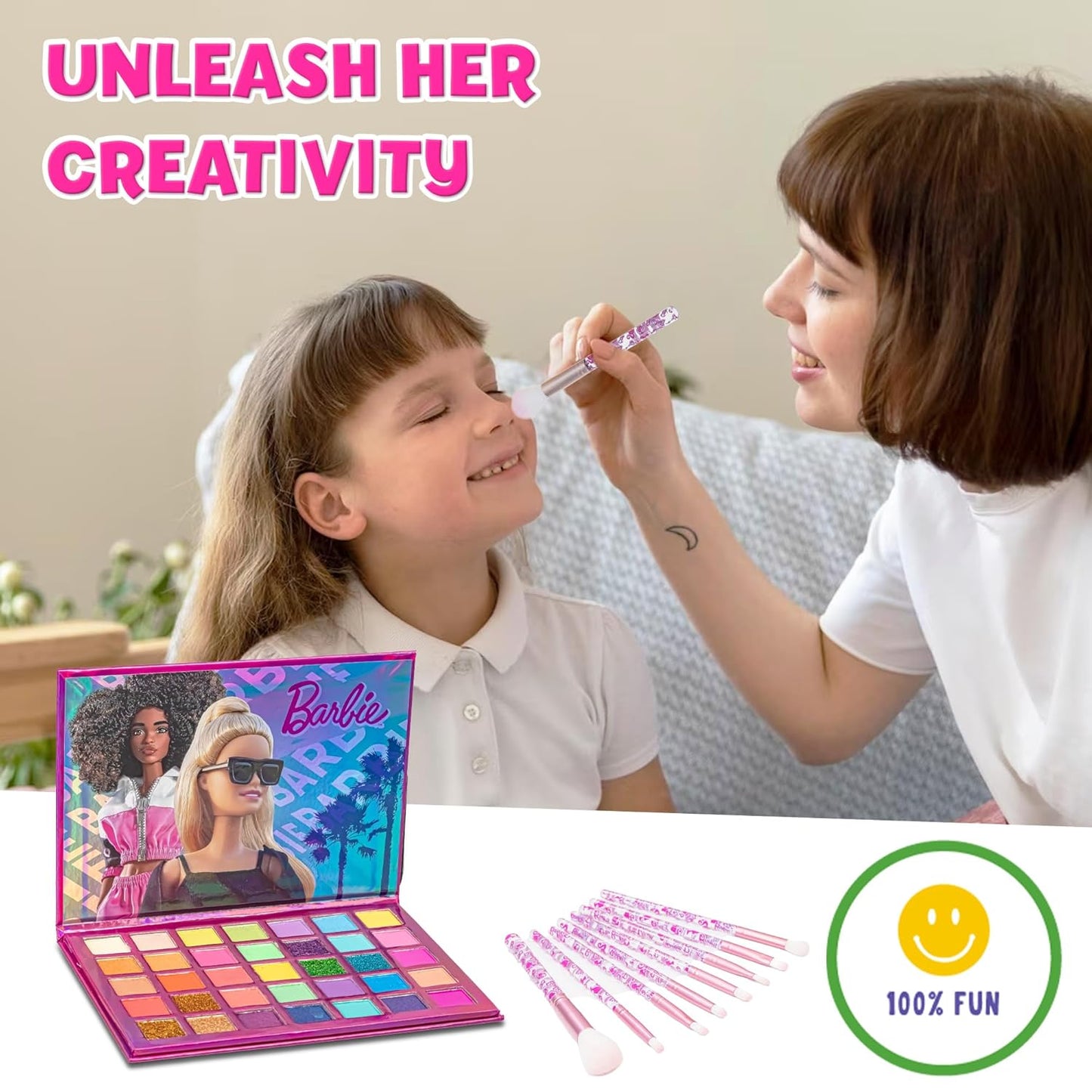 Barbie - Townley Girl 35-Well Eyeshadow Palette, Shimmery and Opaque Colors, Pigmented Blendable, 8 Application Brushes Non-Toxic 8+, Perfect for Parties, Sleepovers & Makeovers