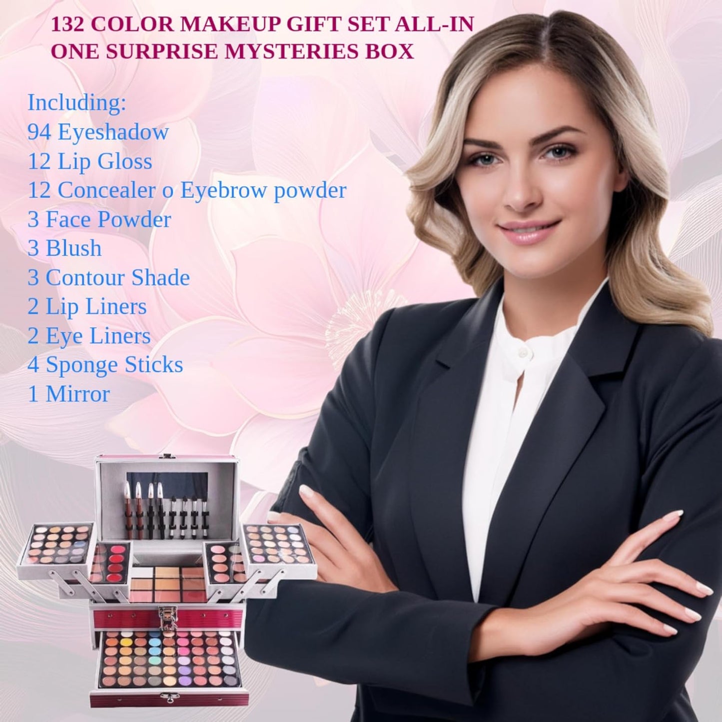 SAMIK 132-Color All-in-One Makeup Kit for Women - Complete Set with Palettes, Contouring, Concealer, Face Powder, Lipgloss, Blusher, Contour, Eyeliner, and Eyebrow Powder in Carry-All Trunk