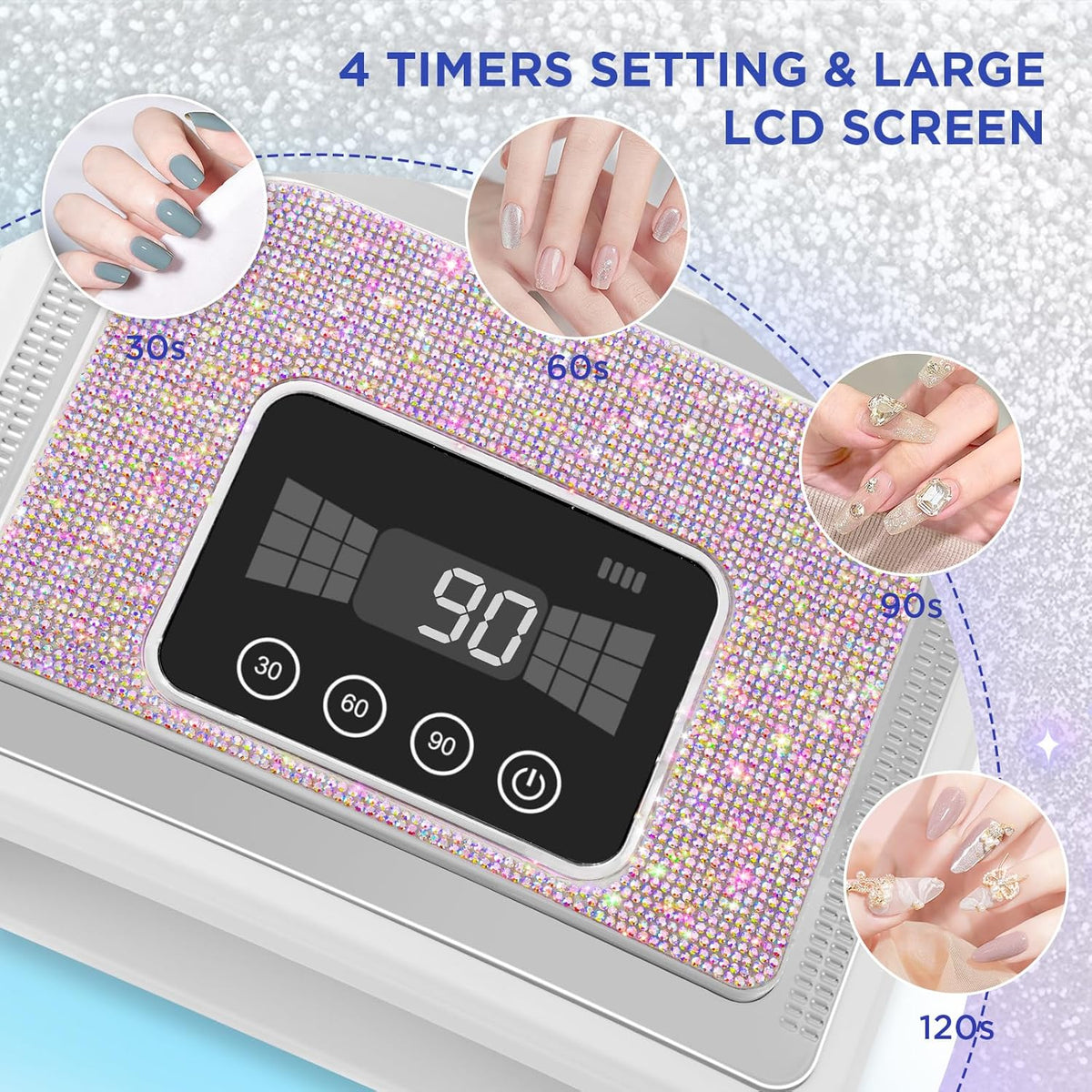 Cordless Nail Lamp, Rechargeable UV Nail Lamp for Gel Nails, LED Nail Lamp with 4 Timer Modes, Gel Nail Light Decorate with Sparkling Nail Rhinestones Diamond (Sparkly Diamond and White)