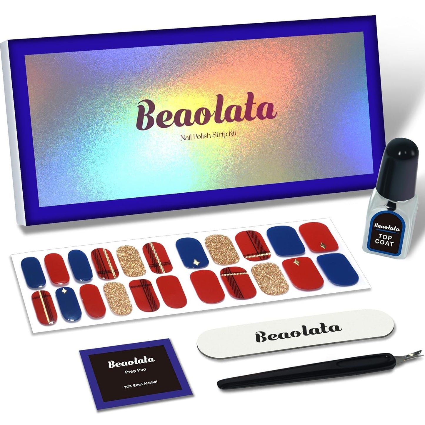 Nail Polish Strips, 44PCS Salon Quality Wraps with Top Coat, Long Lasting Gel Nail Stickers for Women Easy Apply& Remove (Time in London Red&Blue&Gold)