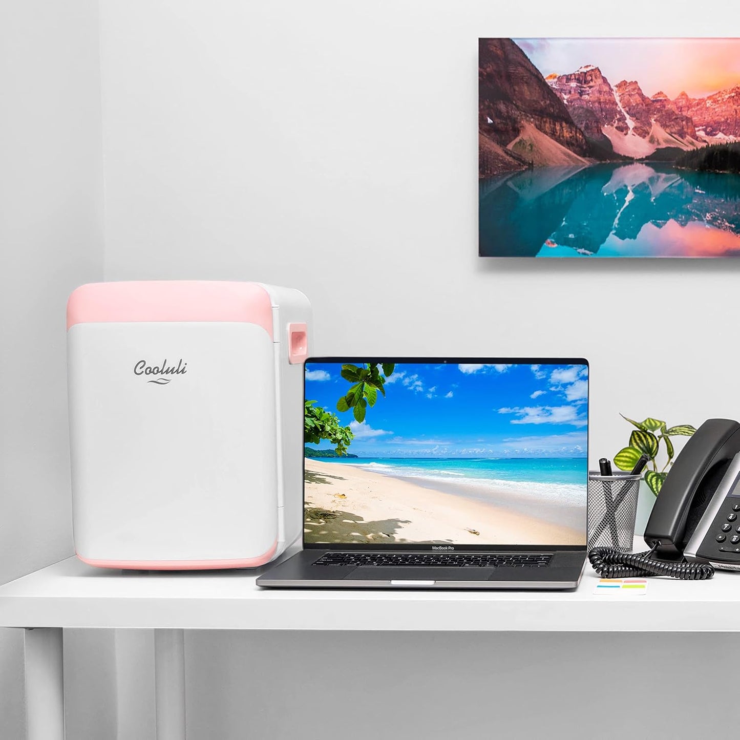 Cooluli 10L Mini Fridge for Bedroom - Car, Office Desk & College Dorm Room - 12V Portable Cooler & Warmer for Food, Drinks, Skincare, Beauty, Makeup & Cosmetics - AC/DC Small Refrigerator (Pink)