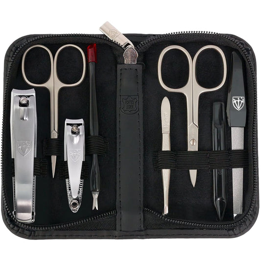 3 Swords Germany – brand quality 8 piece manicure pedicure grooming kit set for professional nail care with genuine leather case black - Made in Germany
