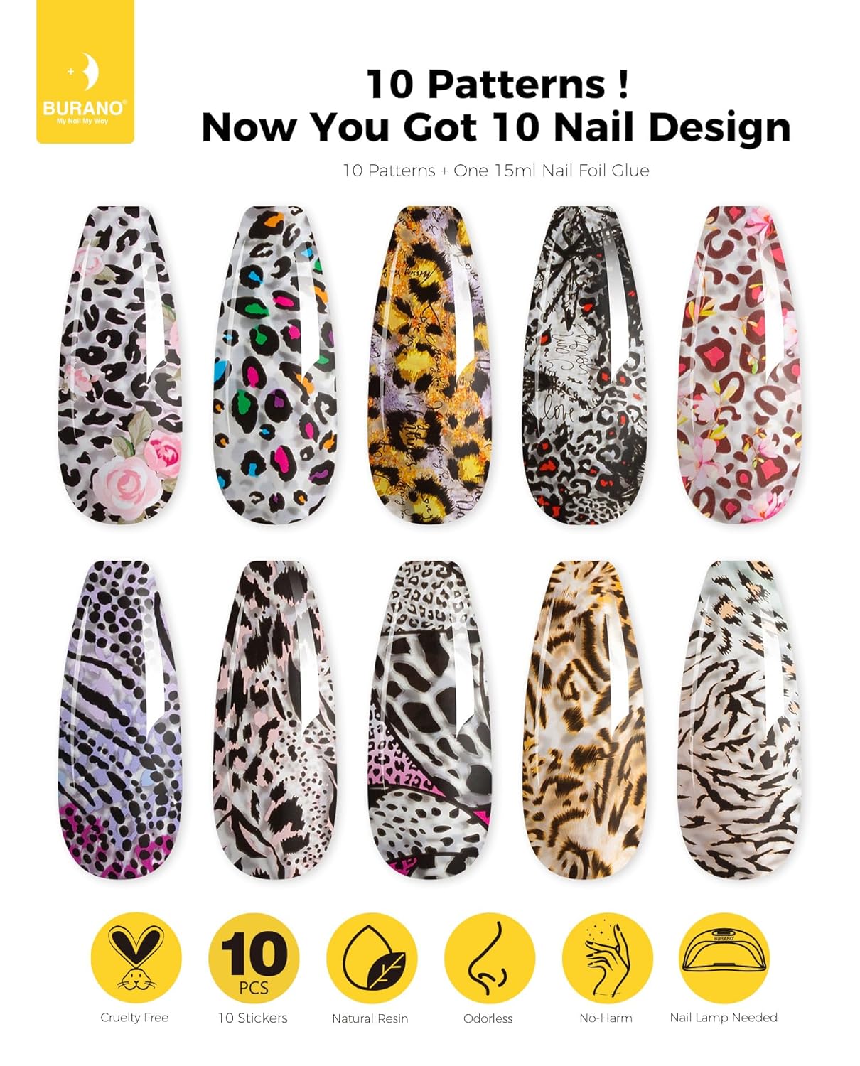 BURANO Nail Art Nail Foil Glue Gel, o.5 oz with 10PCS Foil Stickers Set Nail Foil Glue for Nails Foil Transfer Gel, Nail Design DIY UV LED Lamp Required (Leopard Foil 08)