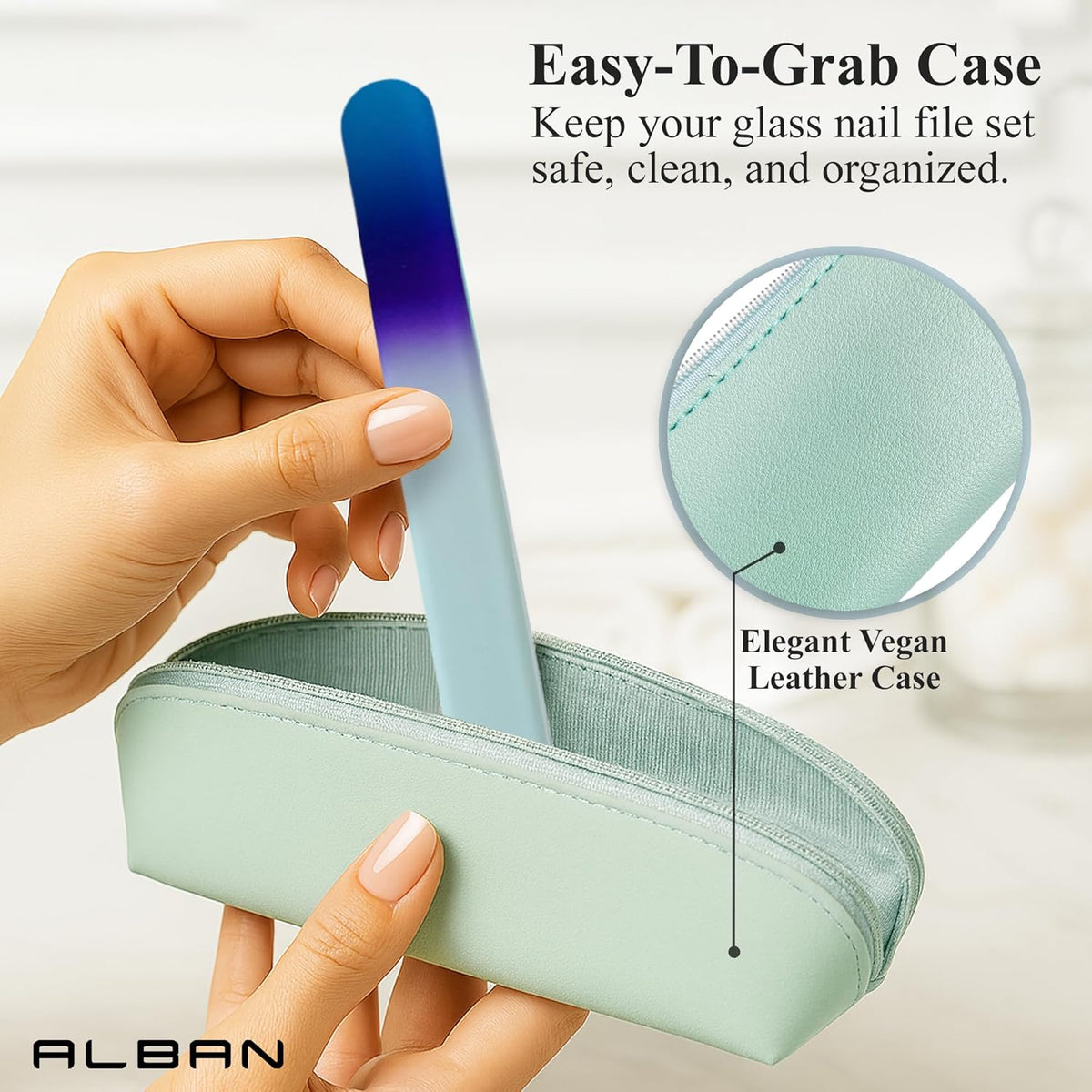 Alban Czech Glass Nail File Set with Manicure Stick & Vegan Leather Cosmetic Case (Royal Blue & Purple Nail Files, Royal Manicure Stick & Light Blue Cosmetic Case)