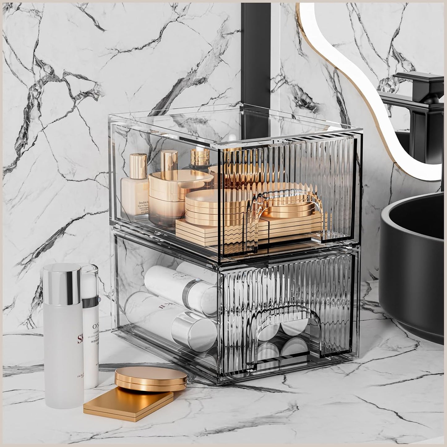 2 Pack Clear Stackable Acrylic Drawer Organizer for Vanity Bathroom Cabinet Storage