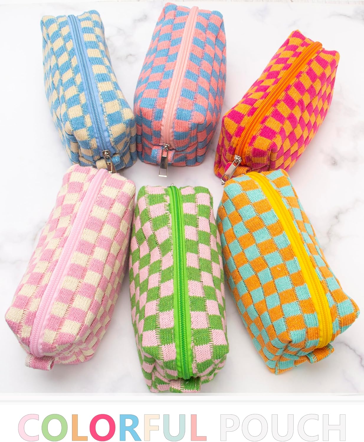 PAZIMIIK Checkered Makeup Bag for Purse Portable Zipper Make Up Pouch Small Cosmetic Case for Travel Accessories Orange Green