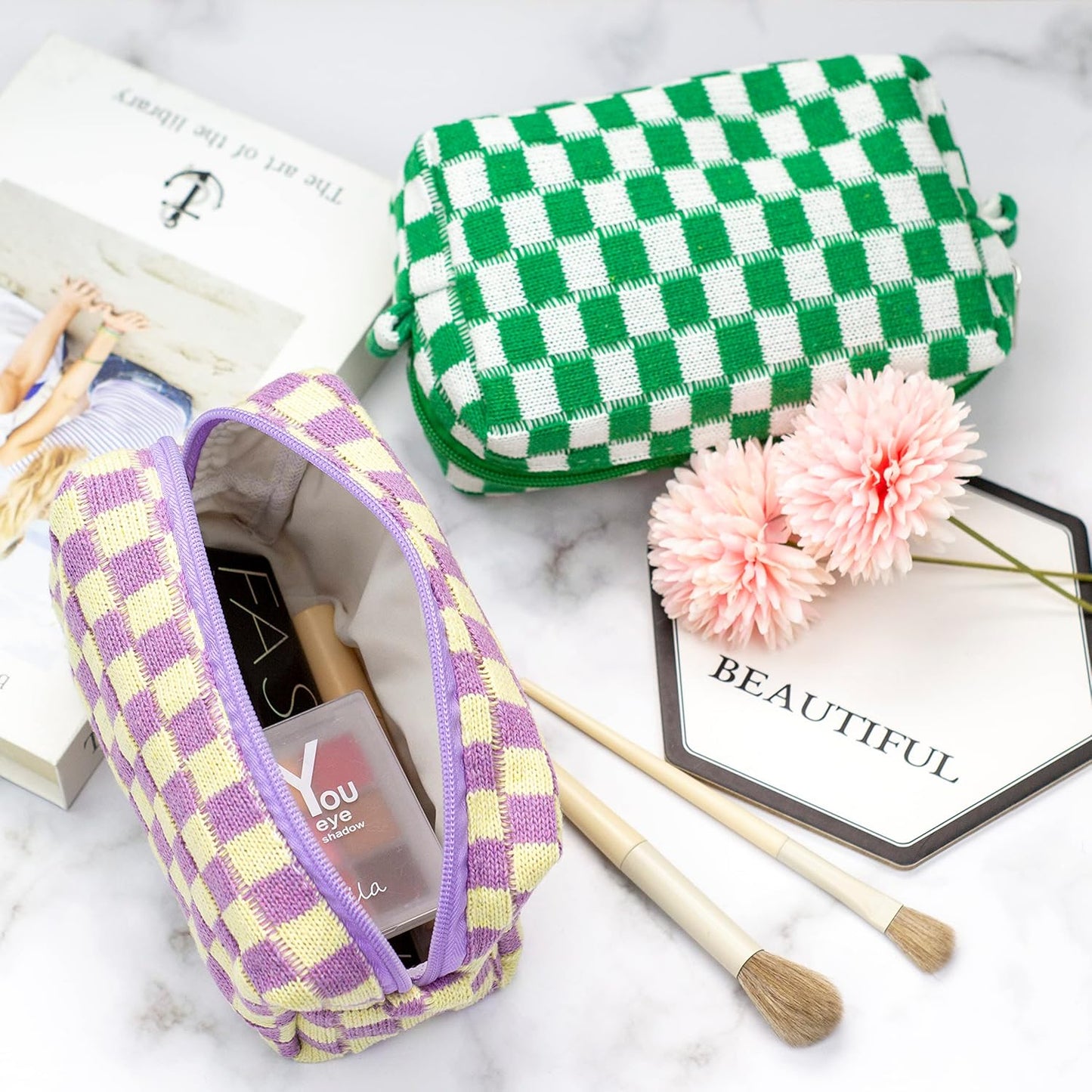 PAZIMIIK Checkered Makeup Bag for Purse Portable Zipper Make Up Pouch Small Cosmetic Case for Travel Accessories (Purple)
